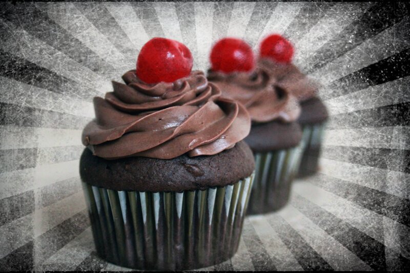 Chocolate Cupcakes with Cherries — Brown, Dramatic