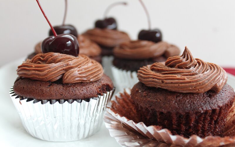 Chocolate Cupcakes with Cherries — Brown