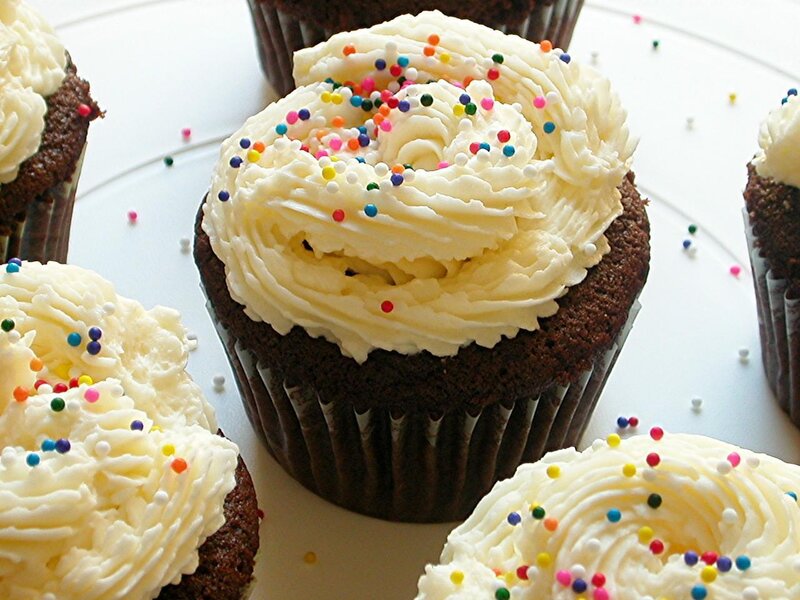 Chocolate Cupcakes with Sprinkles — Brown, Festive, Photograph, Frosting, Plate