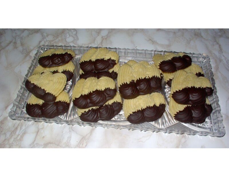 chocolate-dipped cookies on tray