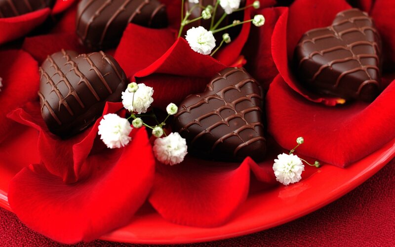 Chocolate Hearts on Petals — Red