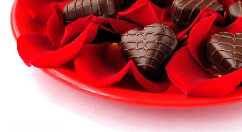 Chocolate Hearts on Rose Petals — Red, Romantic