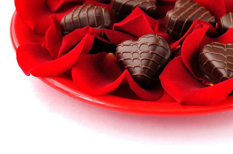 Chocolate Hearts on Rose Petals — Red