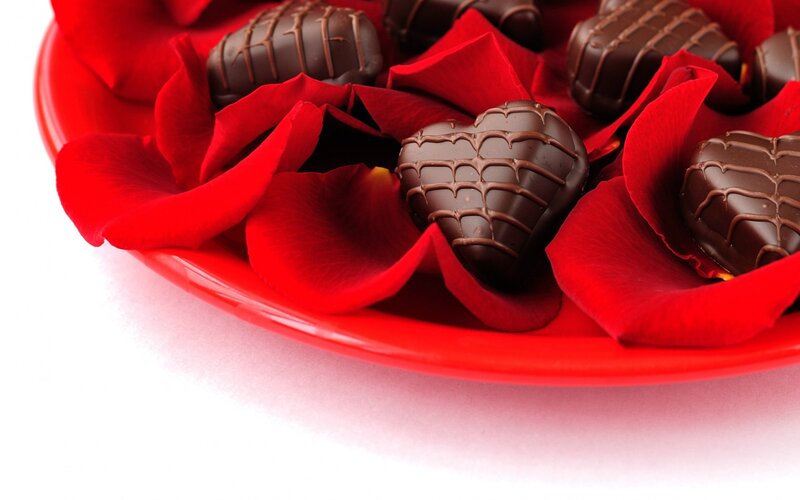 Chocolate Hearts on Rose Petals