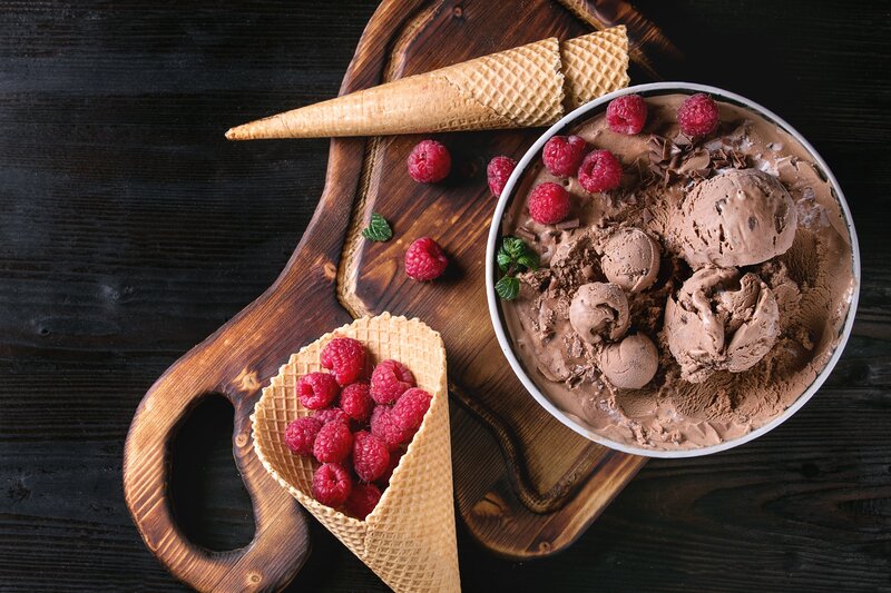 Chocolate Ice Cream Dessert — Brown, Appetizing, Photograph, Raspberries