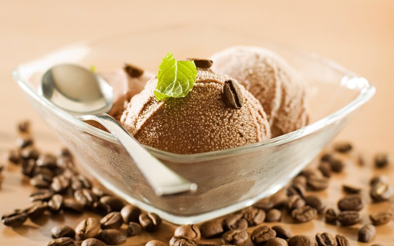 Chocolate Ice Cream Scoop — Brown, Appetizing, Photograph, Mint Leaf, Coffee Beans, Spoon, Glass Bowl