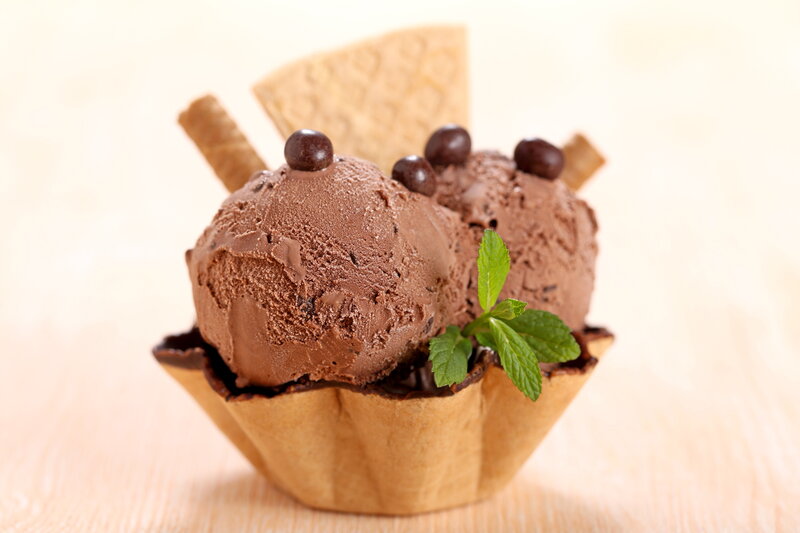 Chocolate Ice Cream Scoop — Brown, Appetizing, Photograph, Mint Leaf
