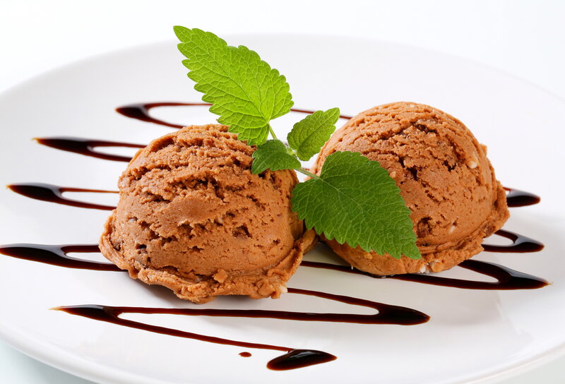 Chocolate Ice Cream Scoops — Brown, Appetizing, Photograph, Mint Leaves, Chocolate Sauce