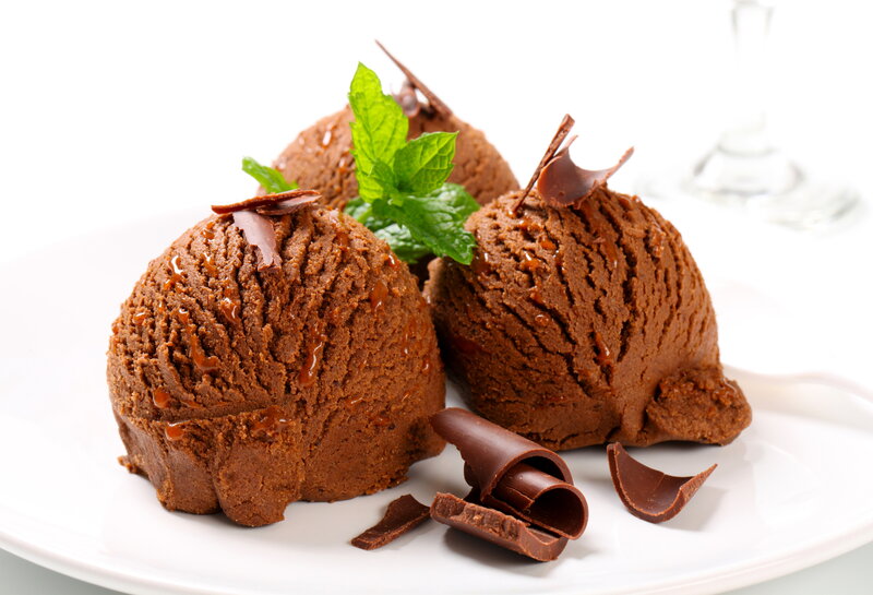 Chocolate Ice Cream Scoops — Brown, Appetizing, Photograph, Mint Leaves, Chocolate Shavings