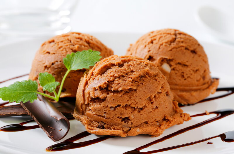 Chocolate Ice Cream Scoops — Brown, Appetizing, Photograph, Mint Leaves