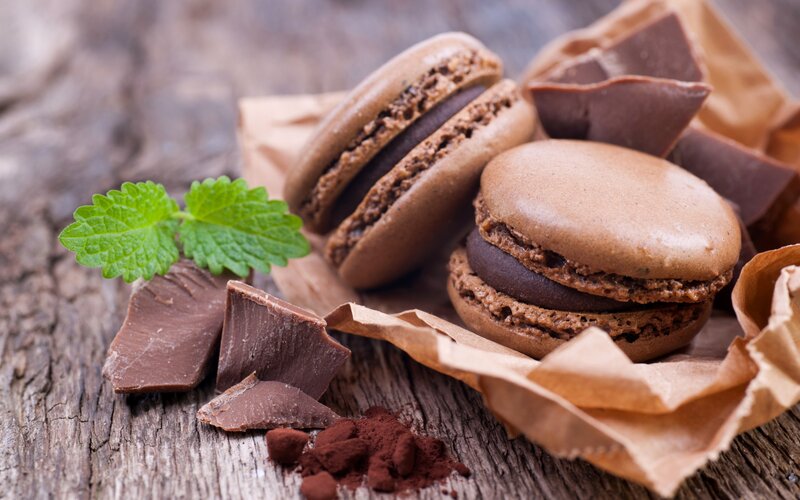 Chocolate Macarons on Wood — Brown, Appetizing