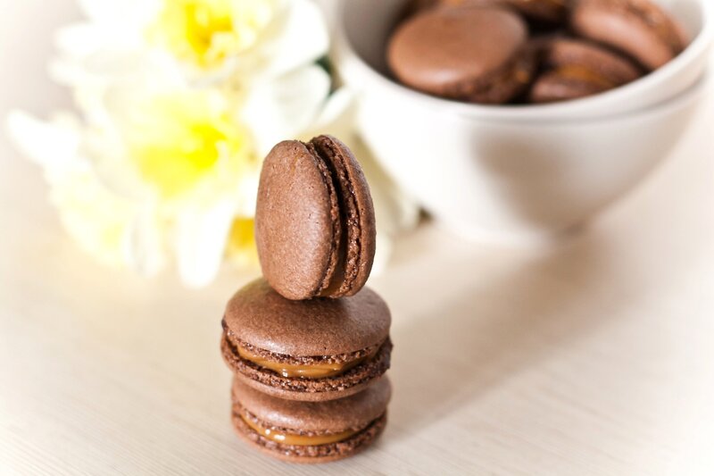 chocolate macarons stacked