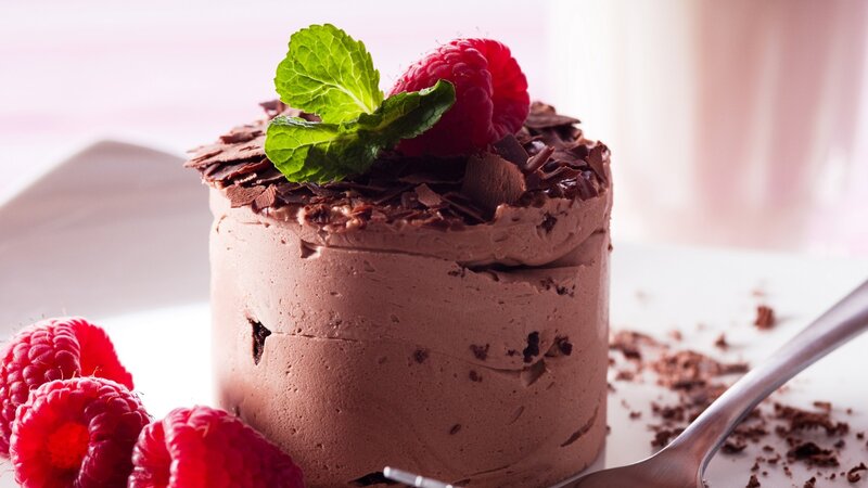 Chocolate Mousse Cake — Brown, Delicate, Photograph, Raspberries, Mint