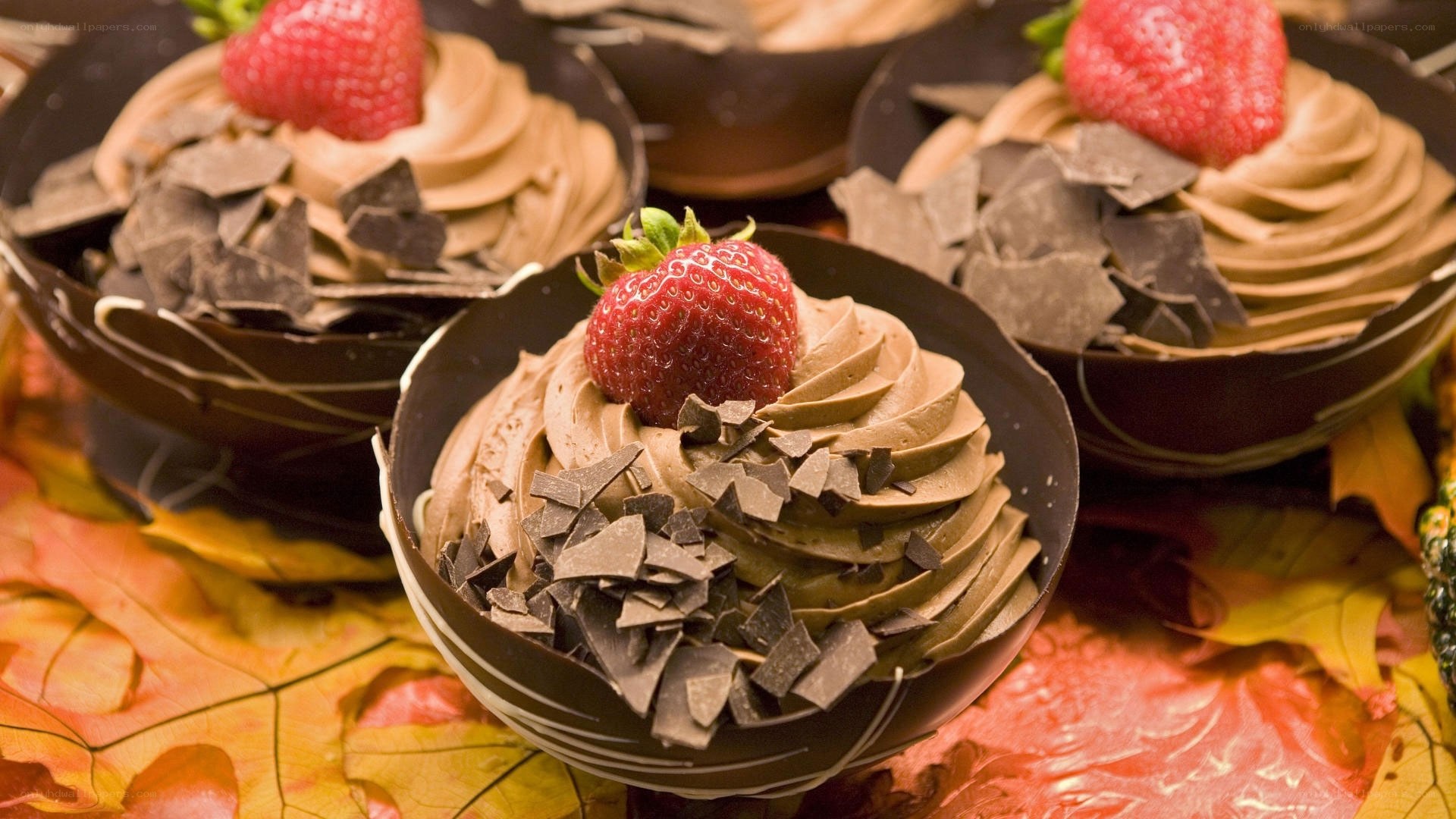 Chocolate mousse desserts with strawberries