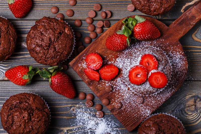 Chocolate Muffins with Strawberries — Brown