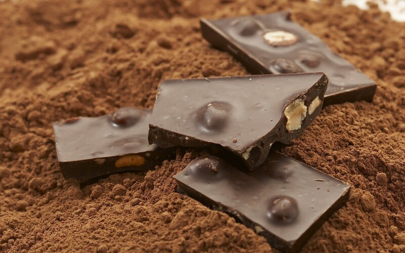Chocolate Pieces on Cocoa Powder — Brown