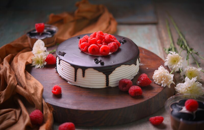 Chocolate Raspberry Cake — Brown, Dramatic