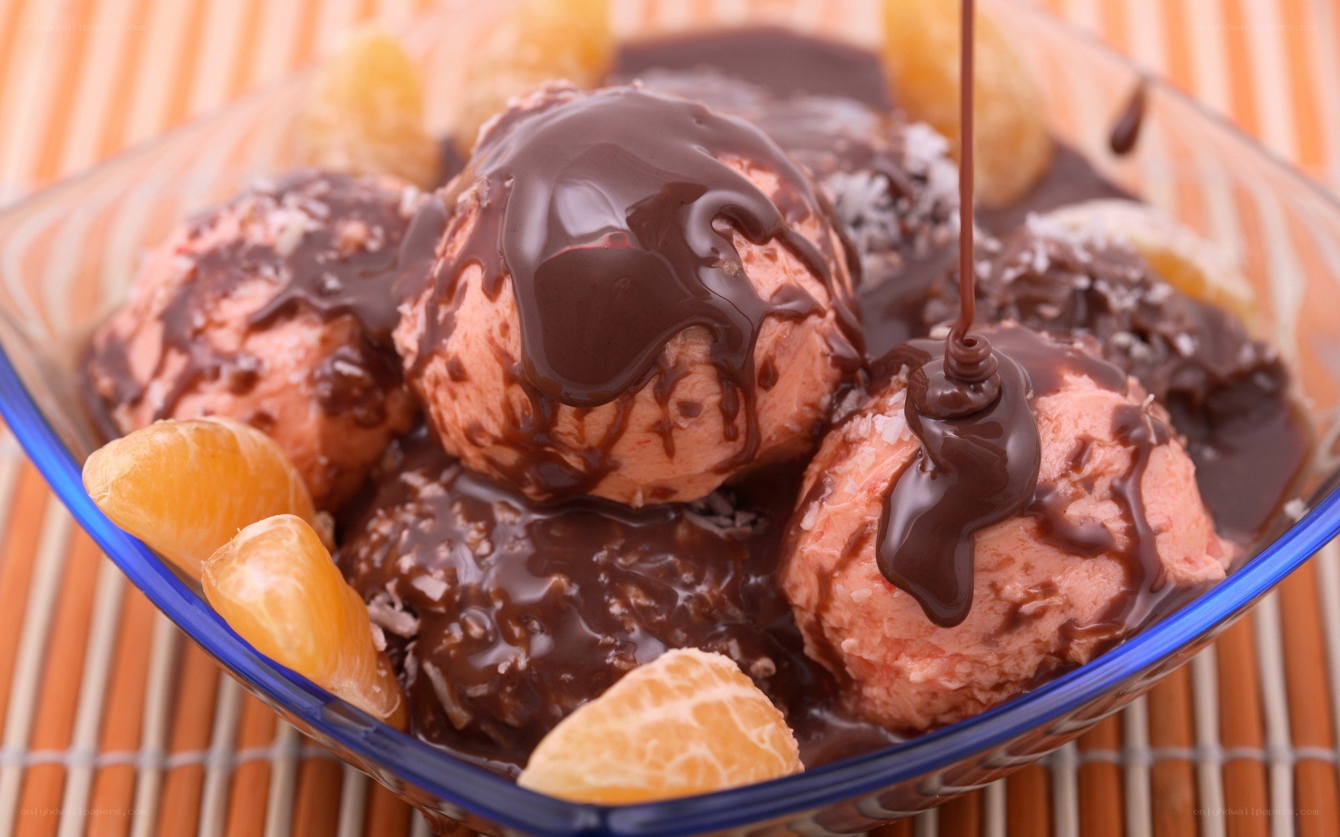 Chocolate sauce on ice cream