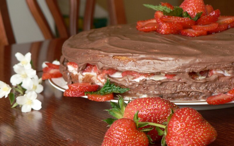 Chocolate Strawberry Cake — Brown, Appetizing, Photograph, Strawberries, Flowers, Mint Leaves, Red