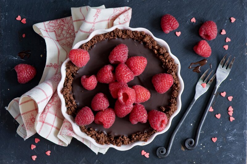 Chocolate Tart with Raspberries — Brown, Romantic