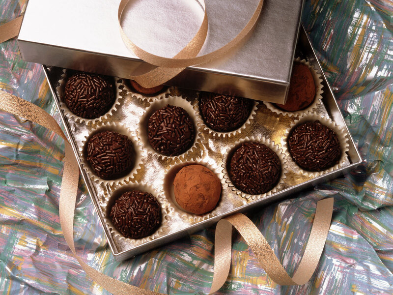 Chocolate Truffles in Box — Brown, Festive, Photograph
