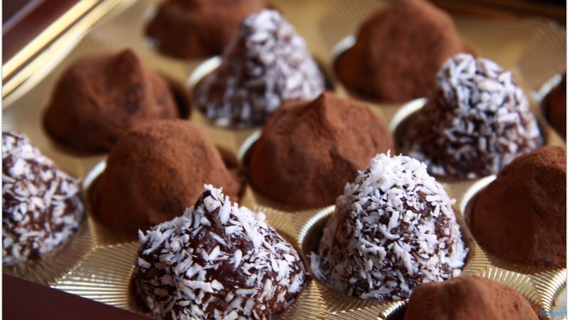 Chocolate Truffles in Box — Brown, Indulgent, Photograph, Coconut Flakes