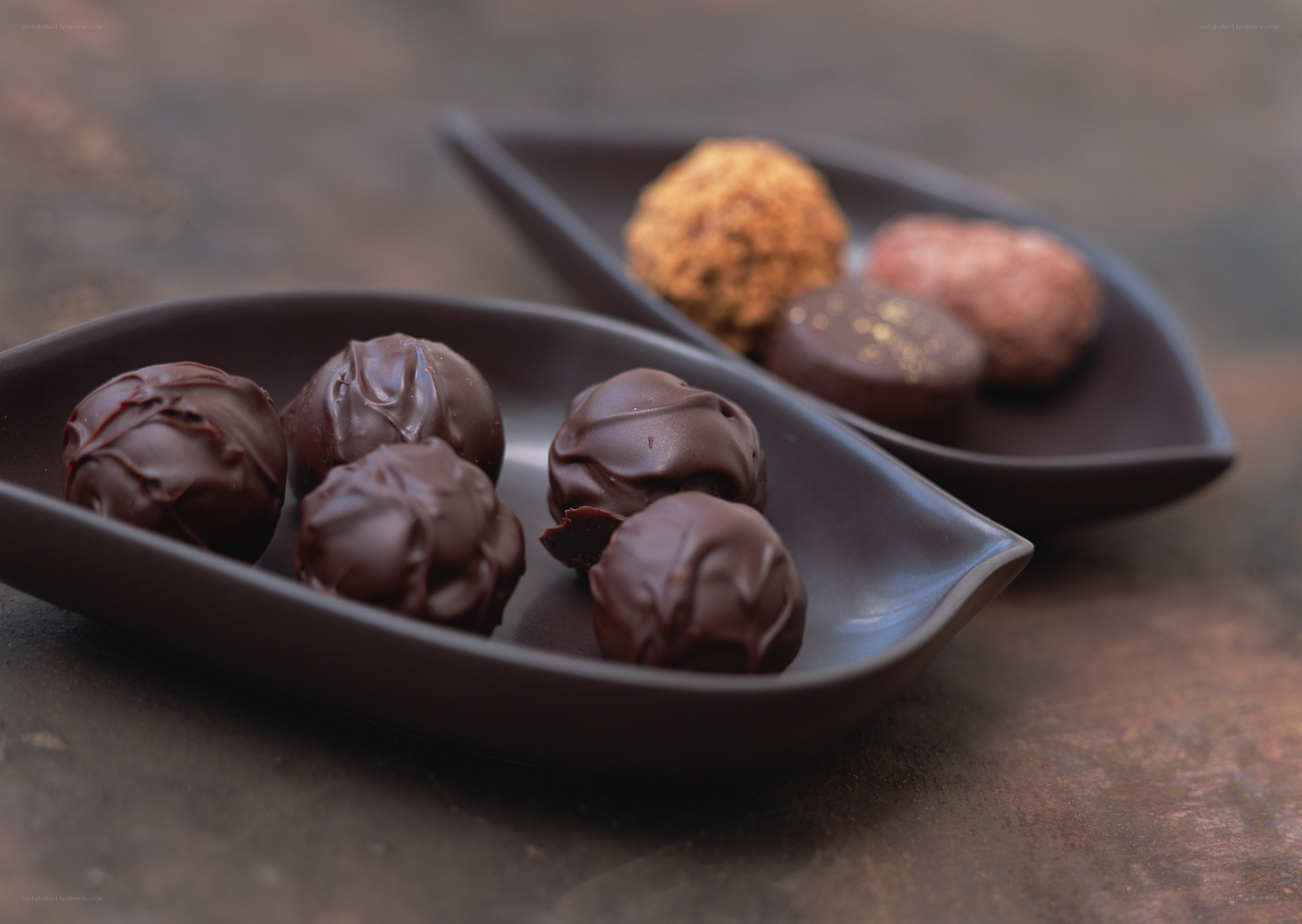 chocolate truffles on dark plates
