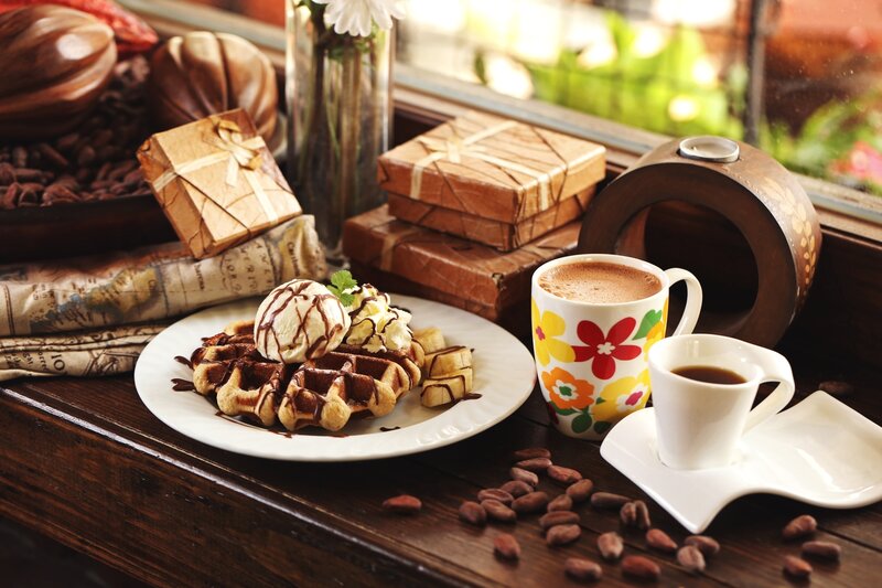 Chocolate waffle with coffee