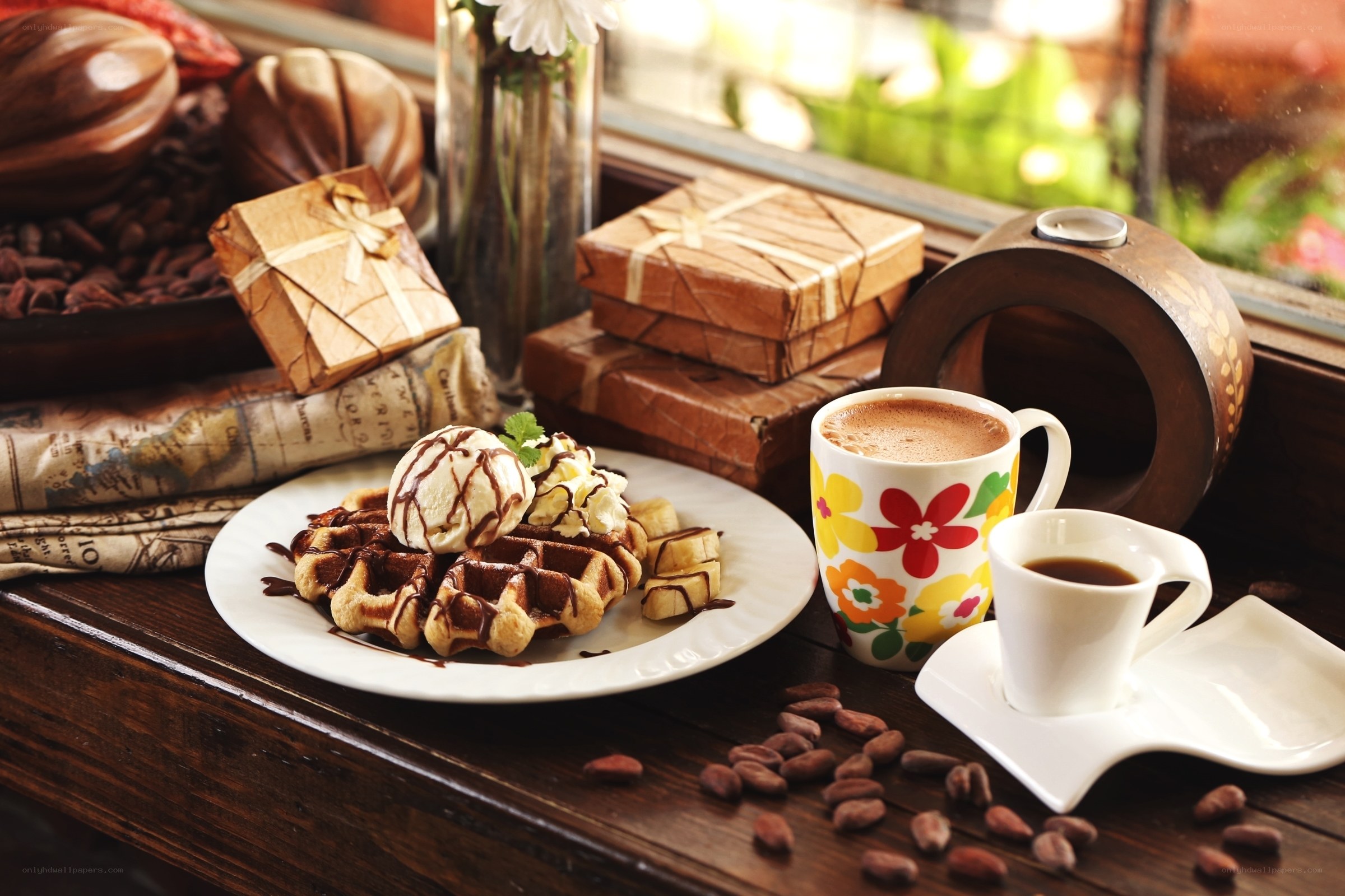 Chocolate waffle with coffee