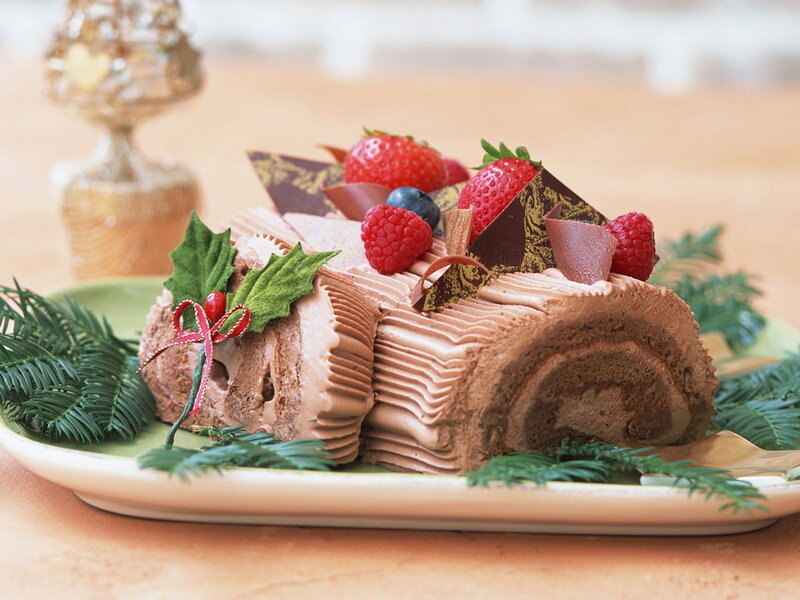 Chocolate Yule Log Cake — Brown, Festive