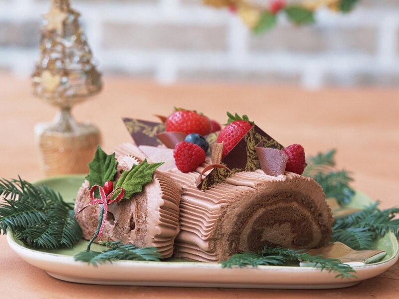 Chocolate Yule Log Cake — Brown, Festive, Winter, Photograph, Strawberries, Blueberries