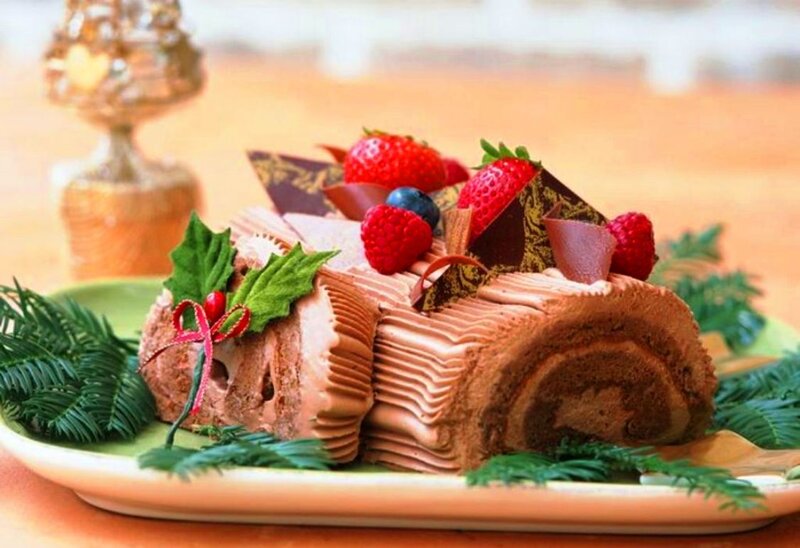 Chocolate Yule Log Cake — Brown, Festive, Winter, Photograph, Strawberries, Raspberries