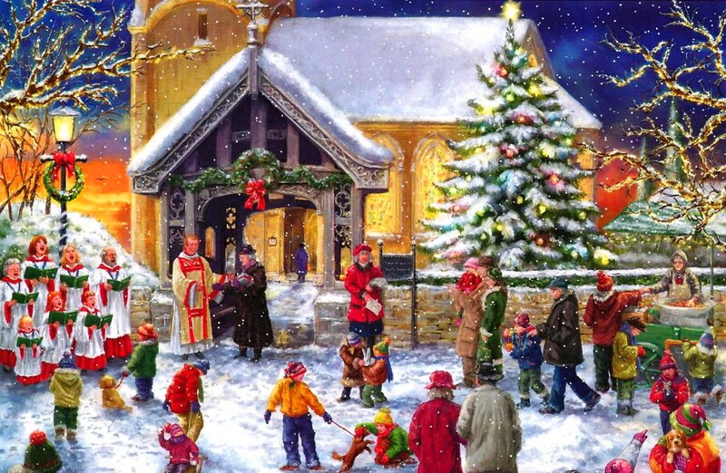 Choir Outside Church — White, Festive, Night