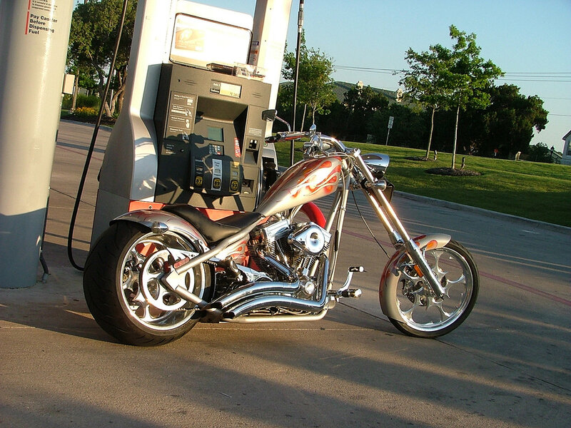 Chopper motorcycle at gas station