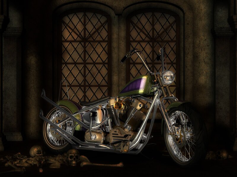 Chopper motorcycle in a crypt