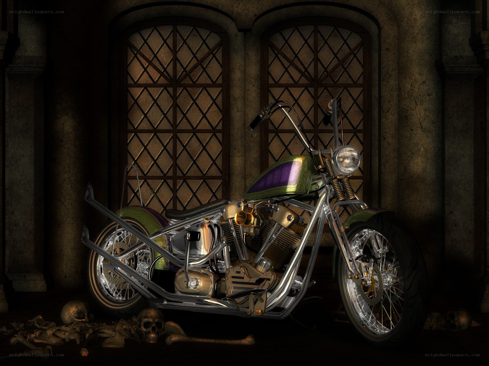 Chopper motorcycle in a crypt