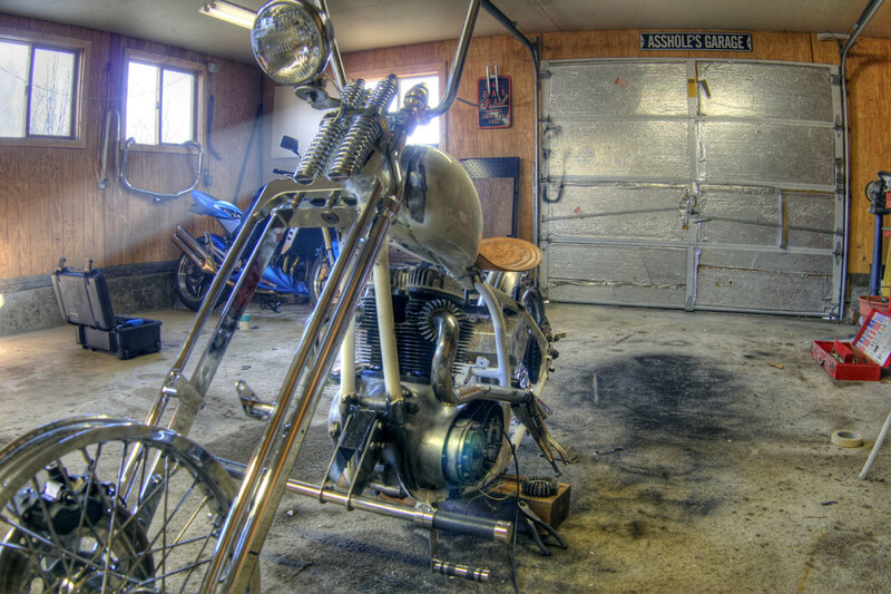 Chopper Motorcycle in Garage
