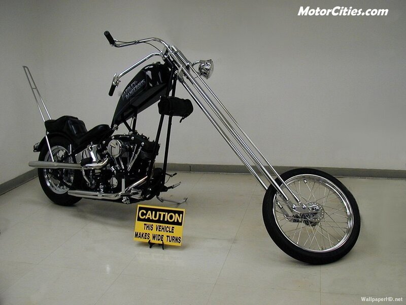 Chopper motorcycle with caution sign