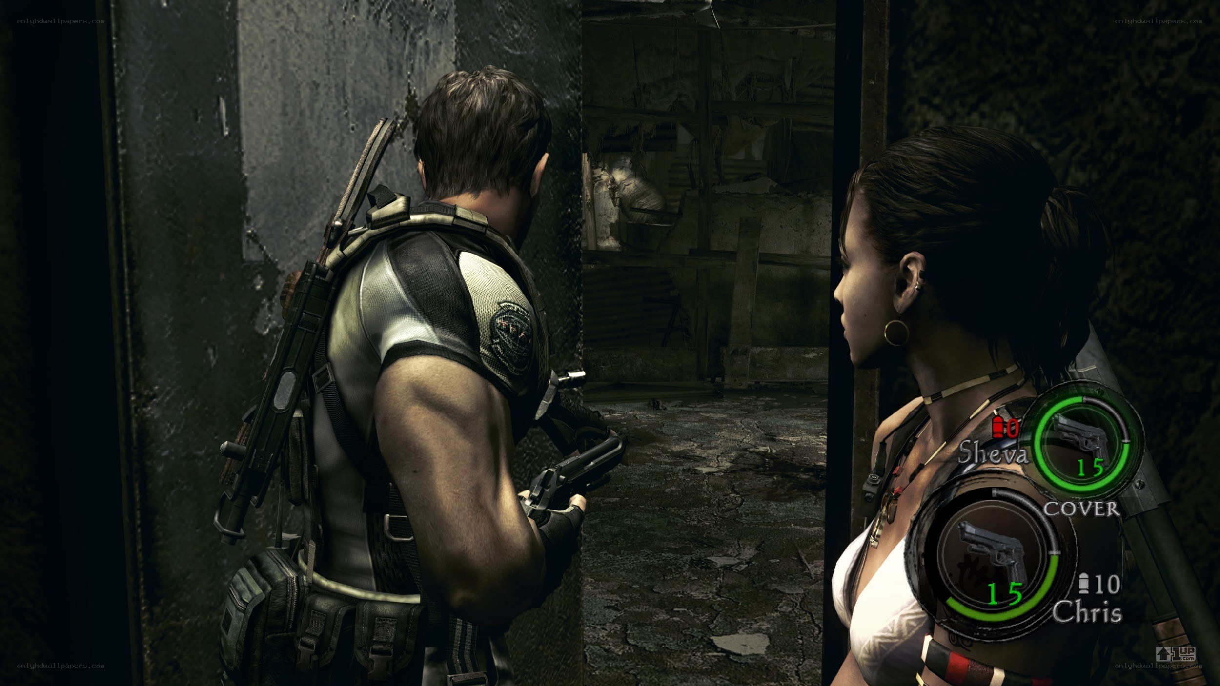 Chris and Sheva in a dark corridor