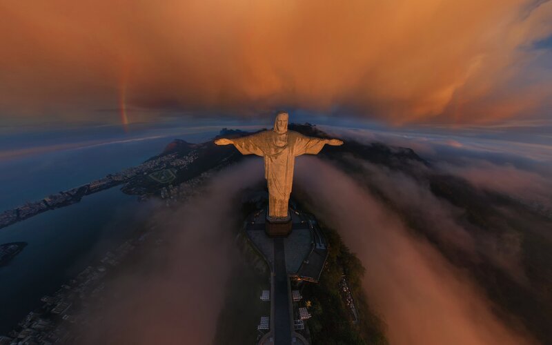 Christ the Redeemer Statue — Orange, Dramatic, Sunrise, Photograph