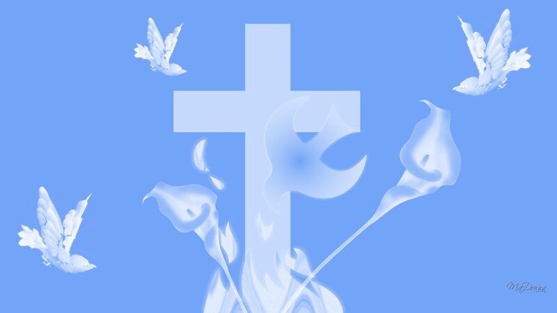 Christian cross with doves and flowers