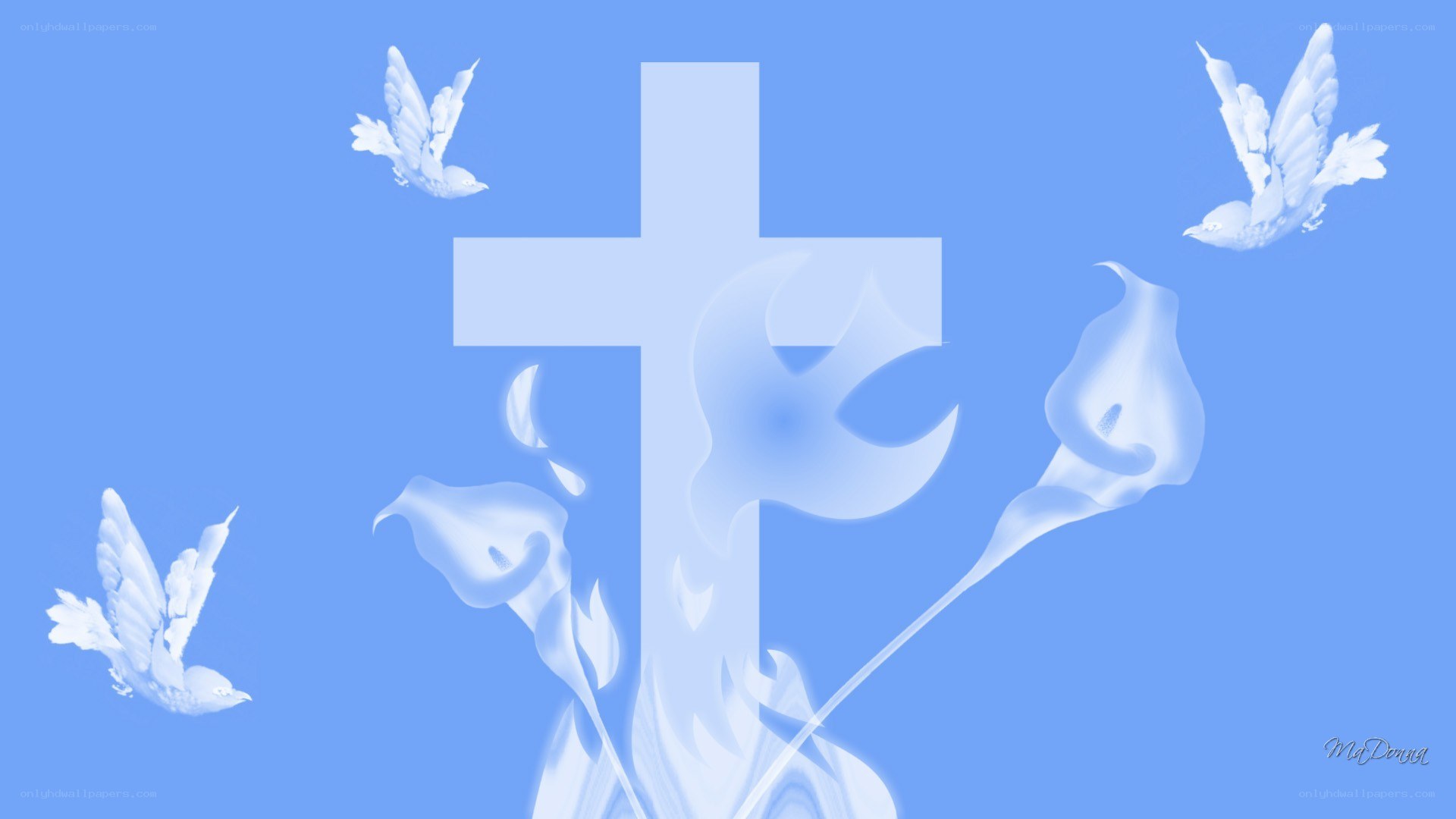 Christian cross with doves and flowers