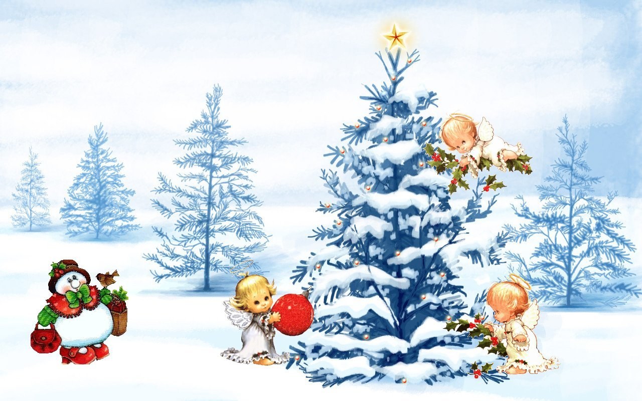 Christmas angels decorating tree