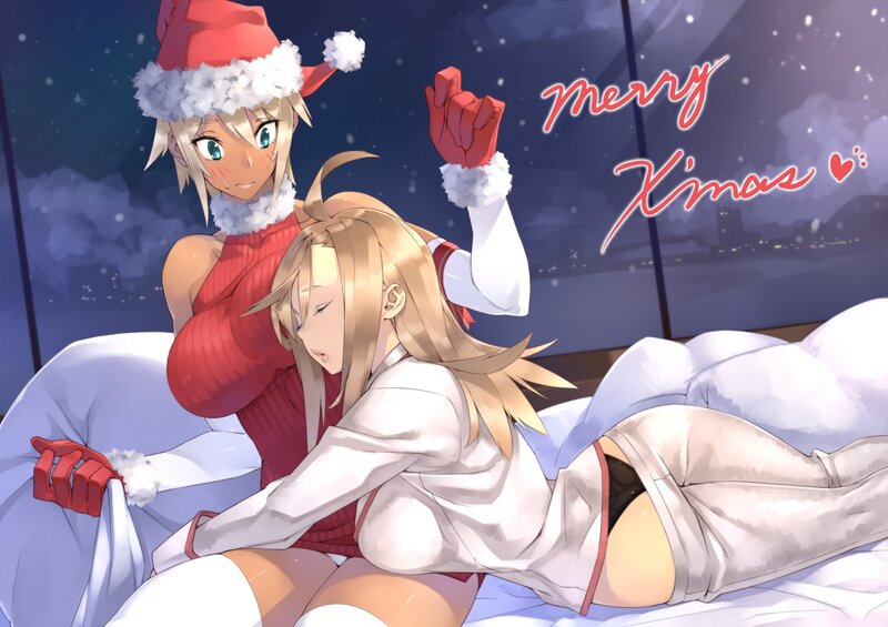 Christmas anime girls on bed