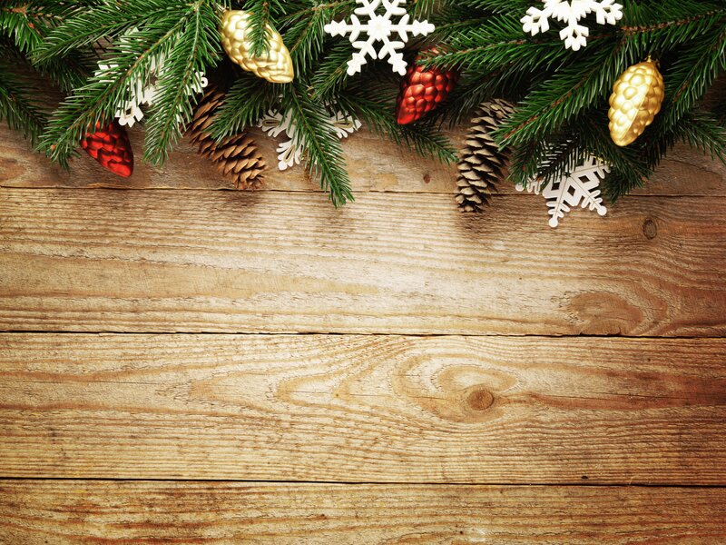 Christmas Branches on Wood — Green, Festive, Winter