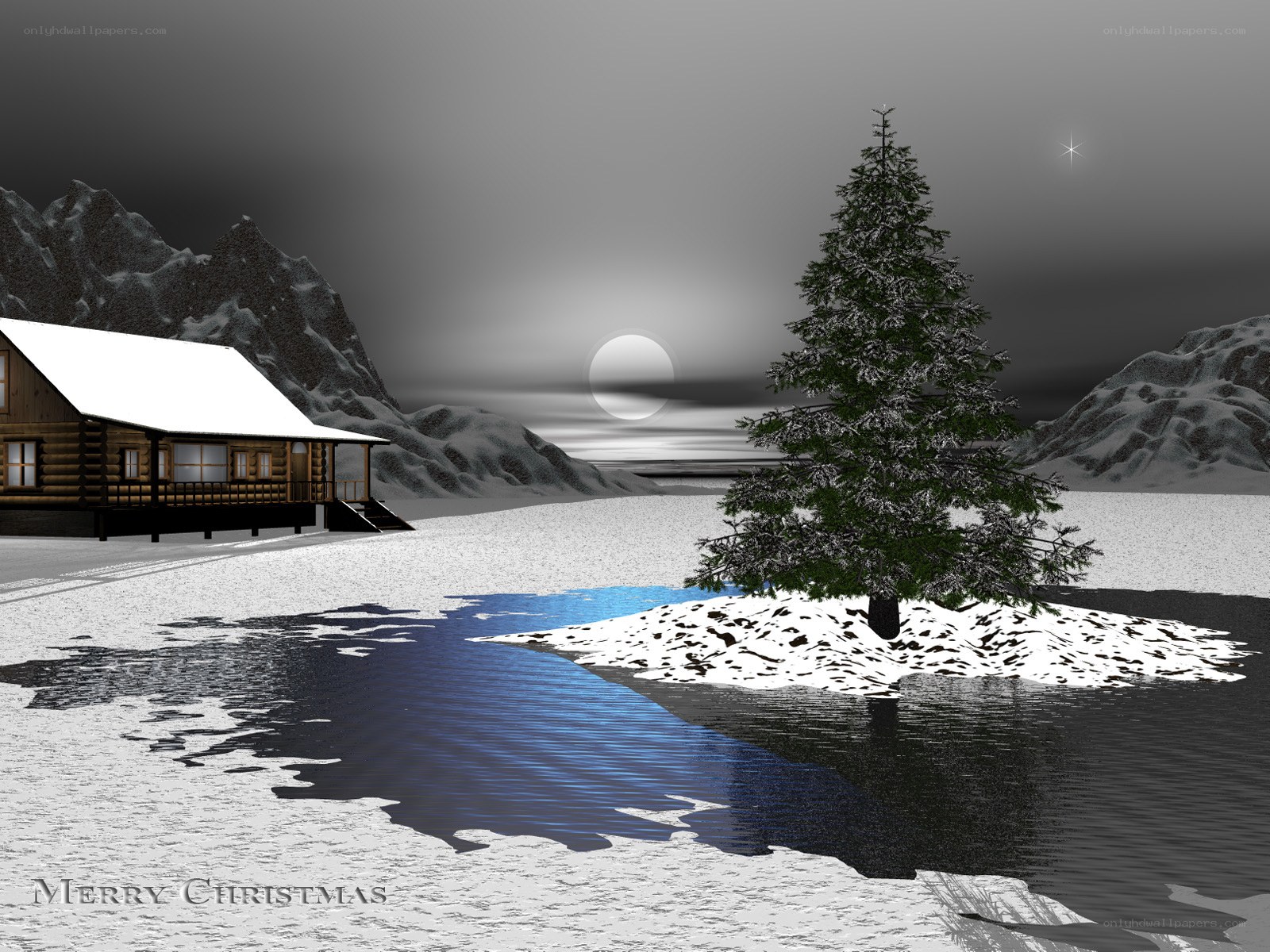 Christmas cabin in snowy landscape