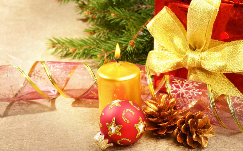 Christmas Candle and Ornaments — Red, Festive, Winter, Photograph