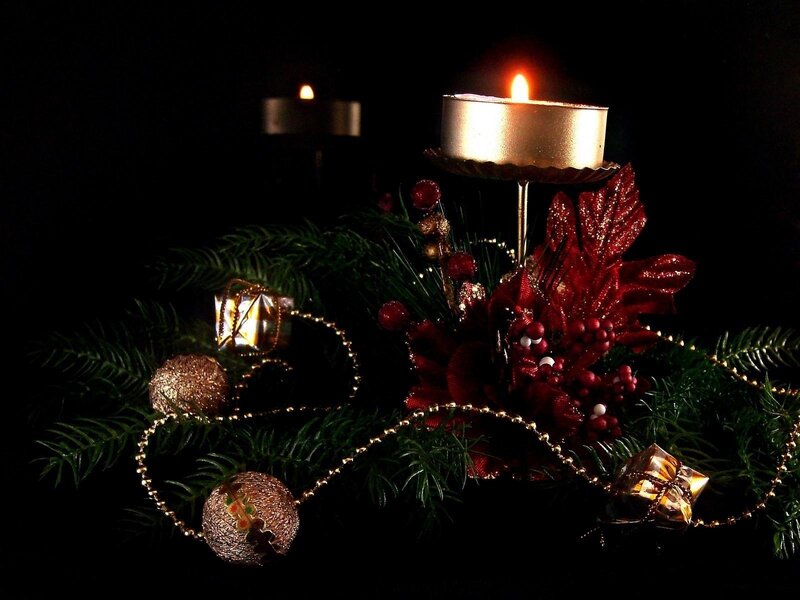 Christmas Candle Arrangement — Red, Festive, Night, Photograph, Candles, Pine Branches
