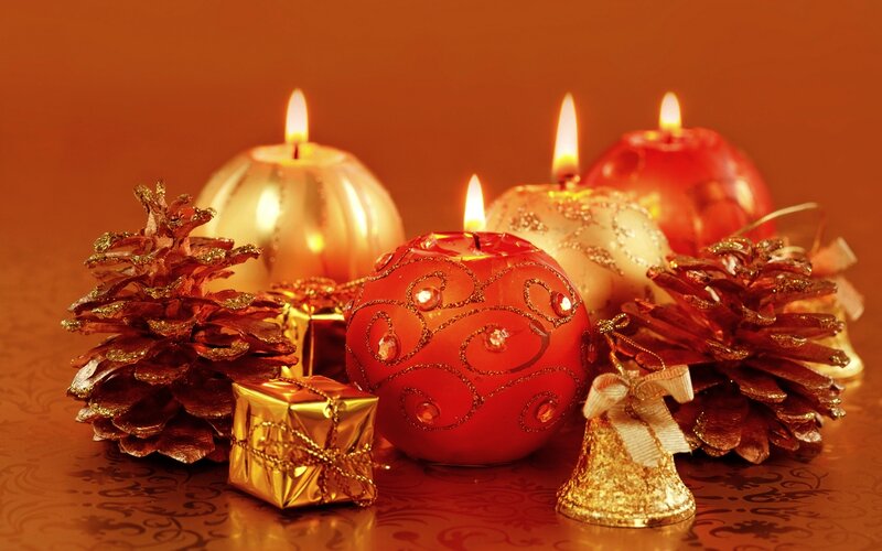 Christmas Candles and Ornaments — Red, Festive, Night