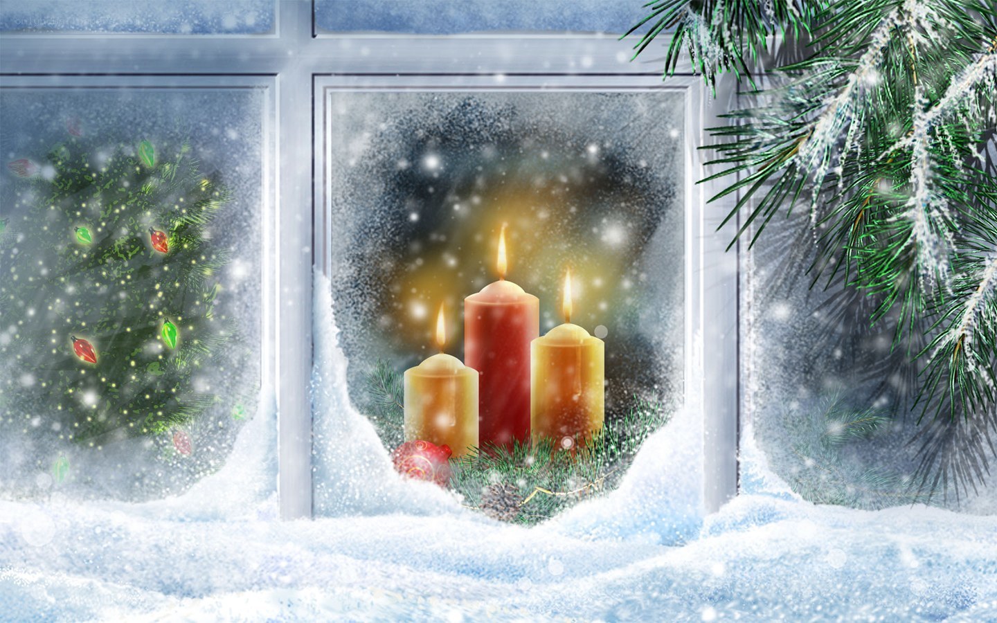 Christmas candles in snowy window
